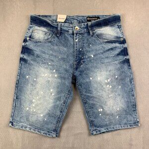 Southpole Mens Jean Shorts 32 Slim Blue Denim Paint Splatter Stretch Faded 11"